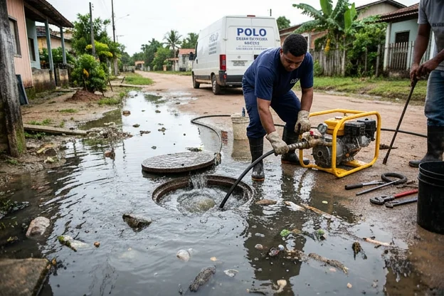 Esgoto com água acumulada, indicando problemas de entupimento.