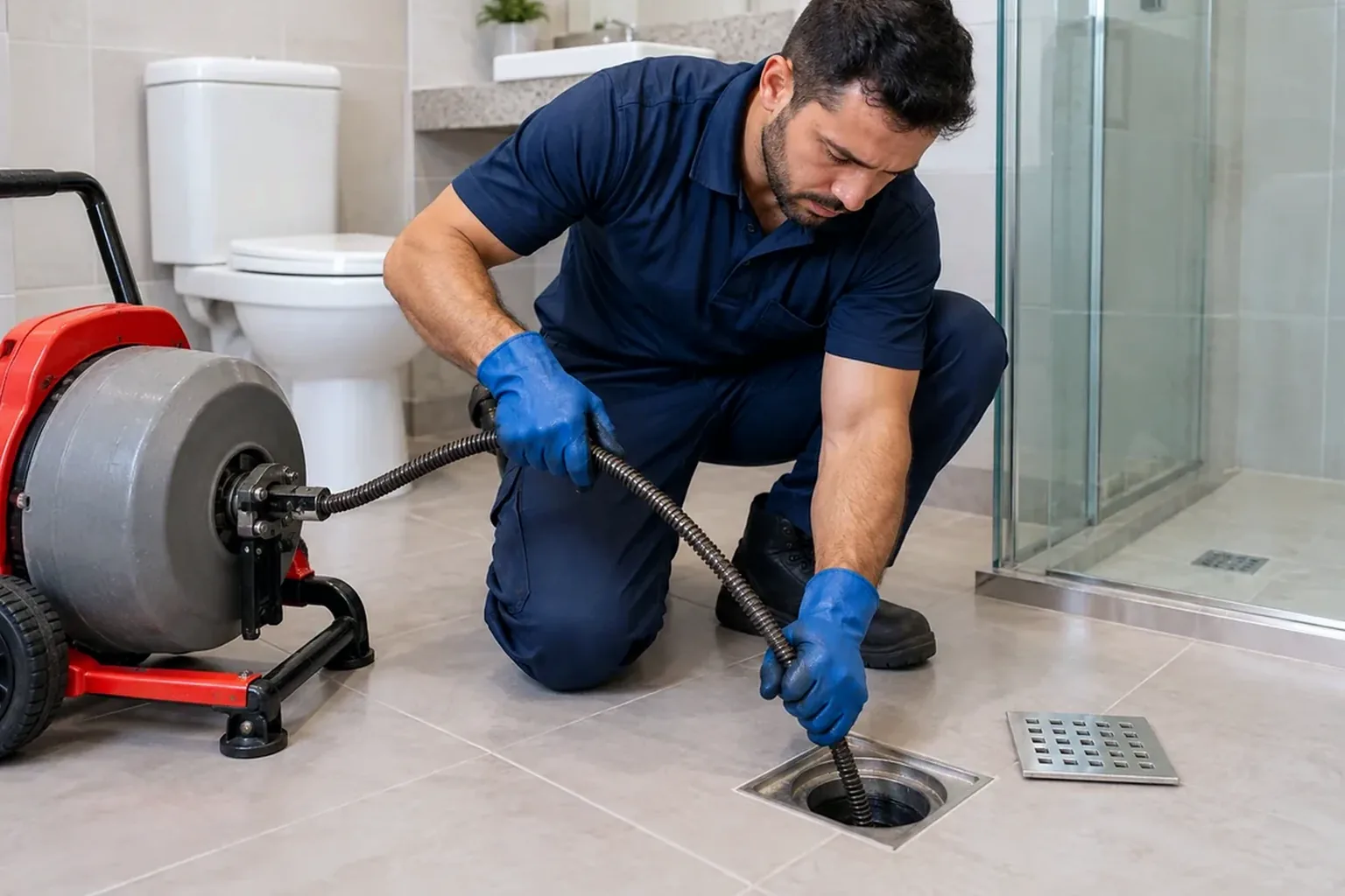 Técnico desentupindo ralo em uma residência de Breves.