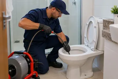 Técnico em ação desentupindo vaso sanitário em Breves.
