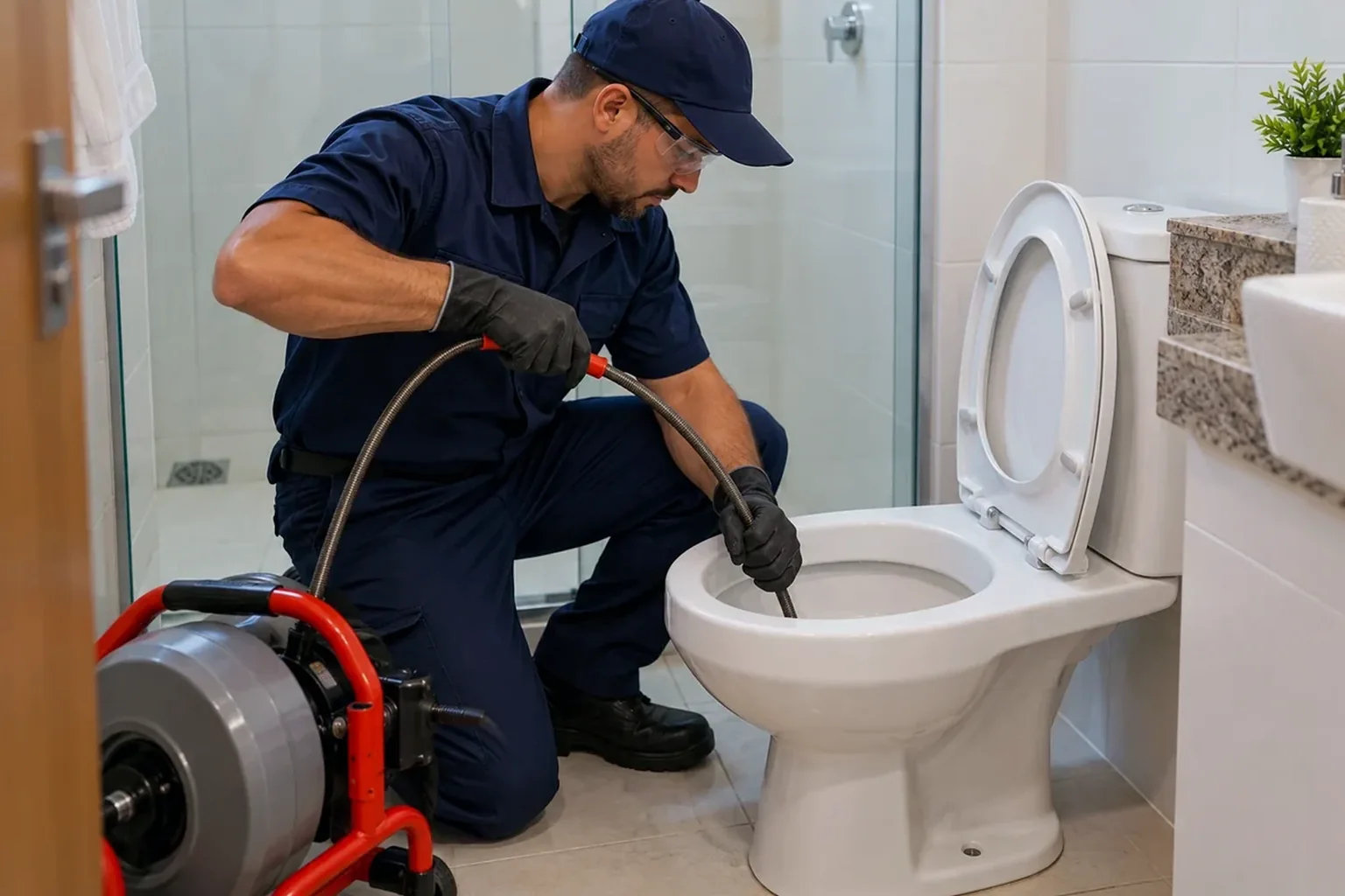 Técnico em ação desentupindo vaso sanitário em Breves.